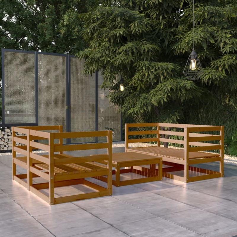vidaXL Muebles de jardín 5 pzas y cojines marrón miel madera pino vidaXL Muebles de jardín 5 pzas y cojines marrón miel madera pino