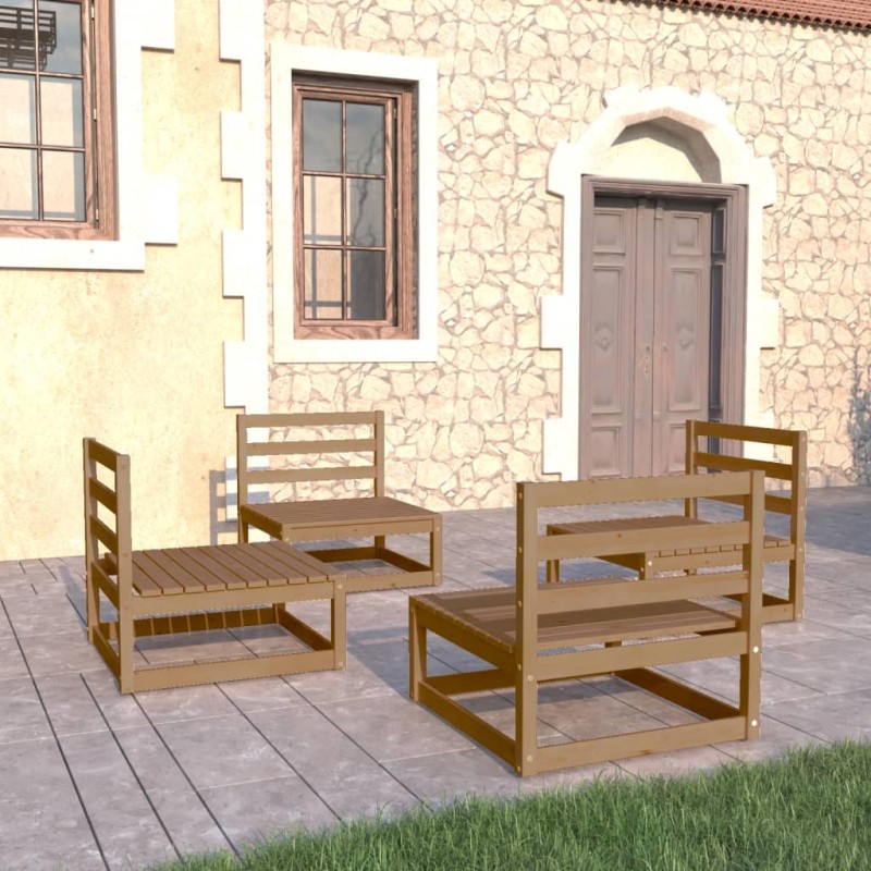 vidaXL Muebles de jardín 4 pzas y cojines marrón miel madera pino vidaXL Muebles de jardín 4 pzas y cojines marrón miel madera pino
