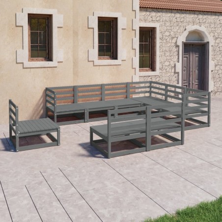 vidaXL Juego de muebles de jardín 9 pzas y cojines gris madera pino