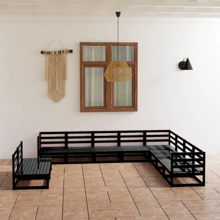 vidaXL Juego de muebles de jardín 10 pzas y cojines negro madera pino