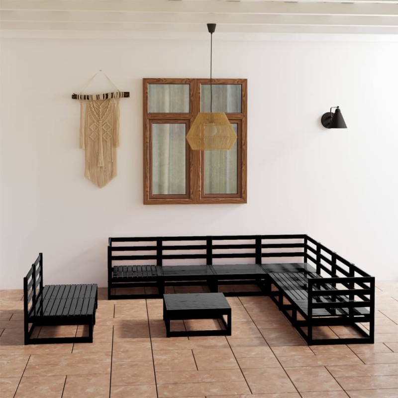 vidaXL Juego de muebles de jardín 10 pzas y cojines negro madera pino vidaXL Juego de muebles de jardín 10 pzas y cojines negro madera pino