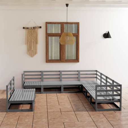 vidaXL Juego de muebles de jardín 9 piezas gris madera maciza de pino
