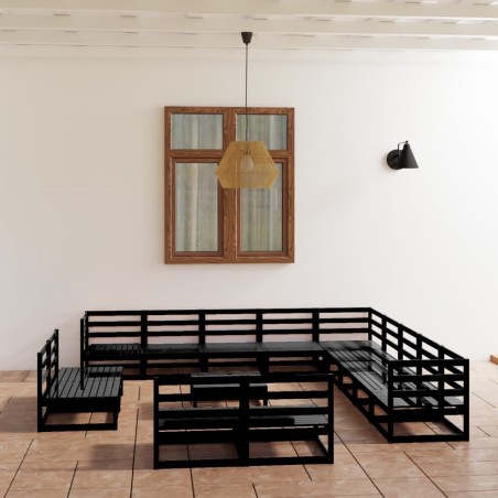 vidaXL Juego de muebles de jardín 14 pzas y cojines negro madera pino