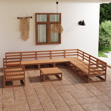 vidaXL Muebles de jardín 11 piezas marrón miel madera maciza de pino