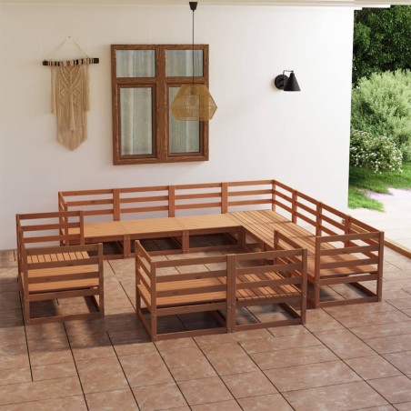vidaXL Muebles de jardín 11 piezas marrón miel madera maciza de pino