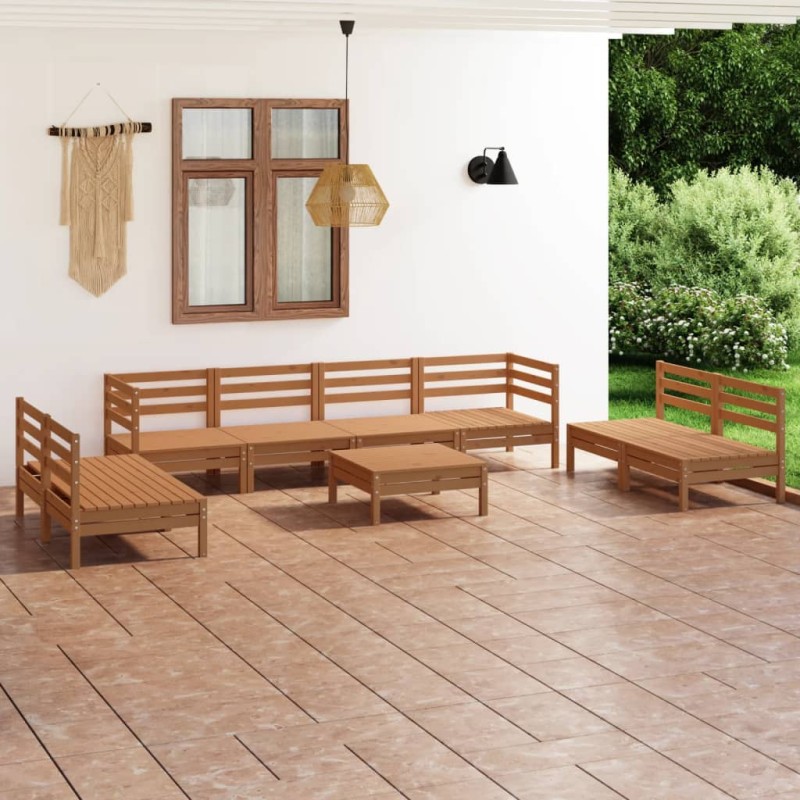 vidaXL Juego muebles de jardín 9 pzas madera maciza pino marrón miel vidaXL Juego muebles de jardín 9 pzas madera maciza pino marrón miel