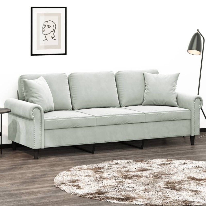 vidaXL Sofá de 3 plazas con cojines terciopelo gris claro 180 cm vidaXL Sofá de 3 plazas con cojines terciopelo gris claro 180 cm