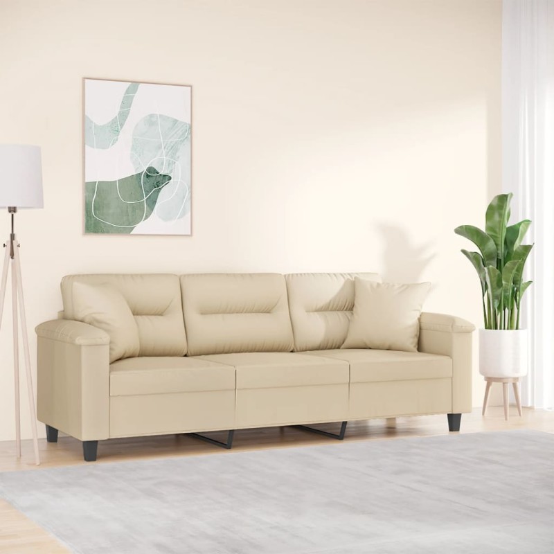 vidaXL Sofá de 3 plazas con cojines tela microfibra color crema 180 cm vidaXL Sofá de 3 plazas con cojines tela microfibra color crema 180 cm