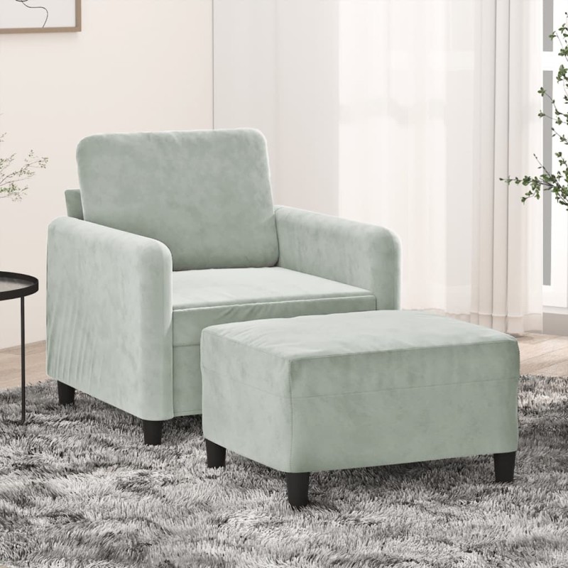 vidaXL Sillón con taburete terciopelo gris claro 60 cm vidaXL Sillón con taburete terciopelo gris claro 60 cm