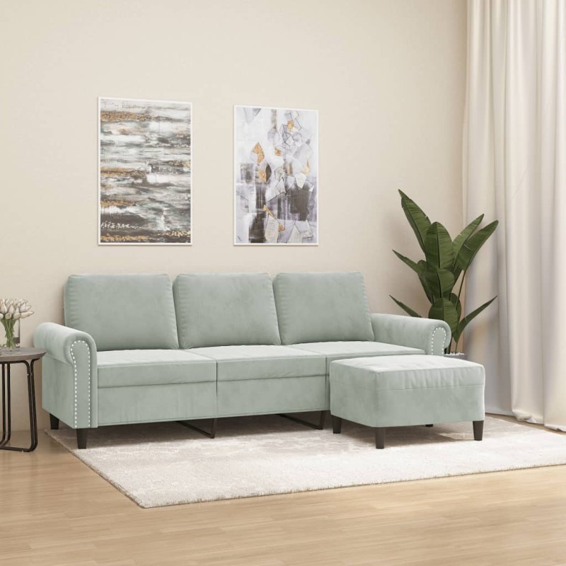 vidaXL Sofá de 3 plazas con taburete de terciopelo gris claro 180 cm vidaXL Sofá de 3 plazas con taburete de terciopelo gris claro 180 cm