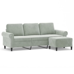 vidaXL Sofá de 3 plazas con taburete de terciopelo gris claro 180 cm