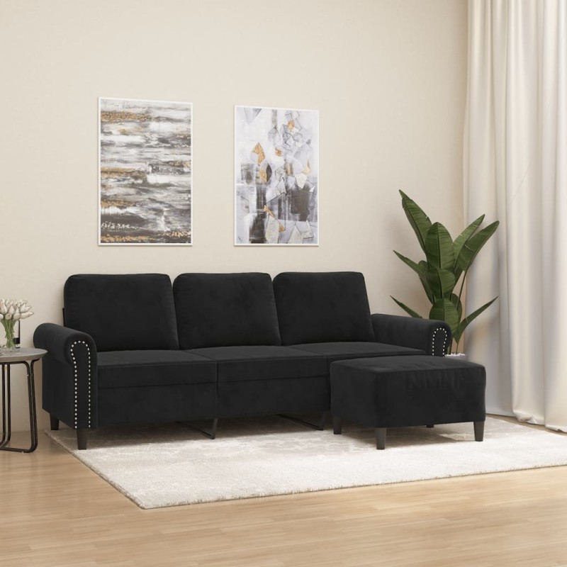 vidaXL Sofá de 3 plazas con taburete de terciopelo negro 180 cm vidaXL Sofá de 3 plazas con taburete de terciopelo negro 180 cm