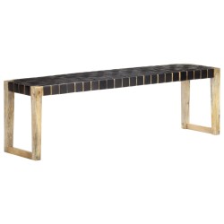 vidaXL Banco de cuero auténtico negro y madera de mango maciza 150 cm