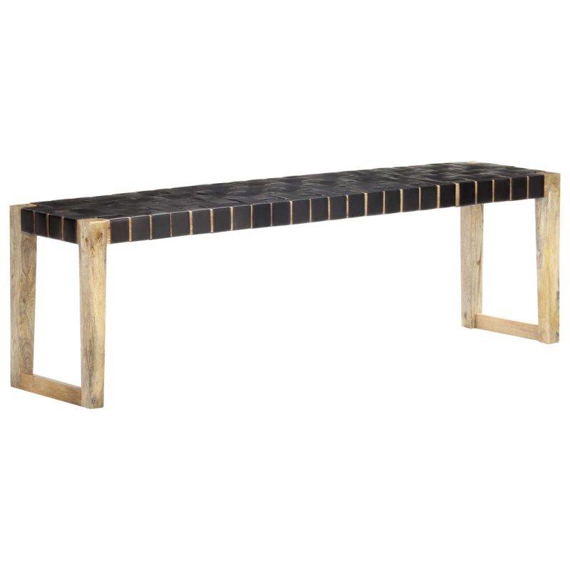 vidaXL Banco de cuero auténtico negro y madera de mango maciza 150 cm vidaXL Banco de cuero auténtico negro y madera de mango maciza 150 cm