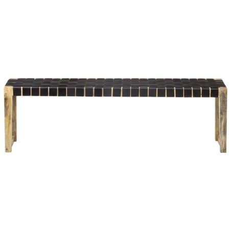 vidaXL Banco de cuero auténtico negro y madera de mango maciza 150 cm