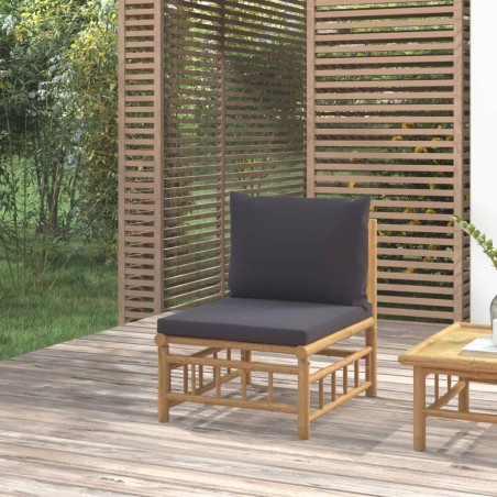 vidaXL Sofá central de jardín bambú con cojines gris oscuro