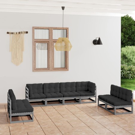 vidaXL Juego de muebles de jardín 8 pzas y cojines gris madera pino