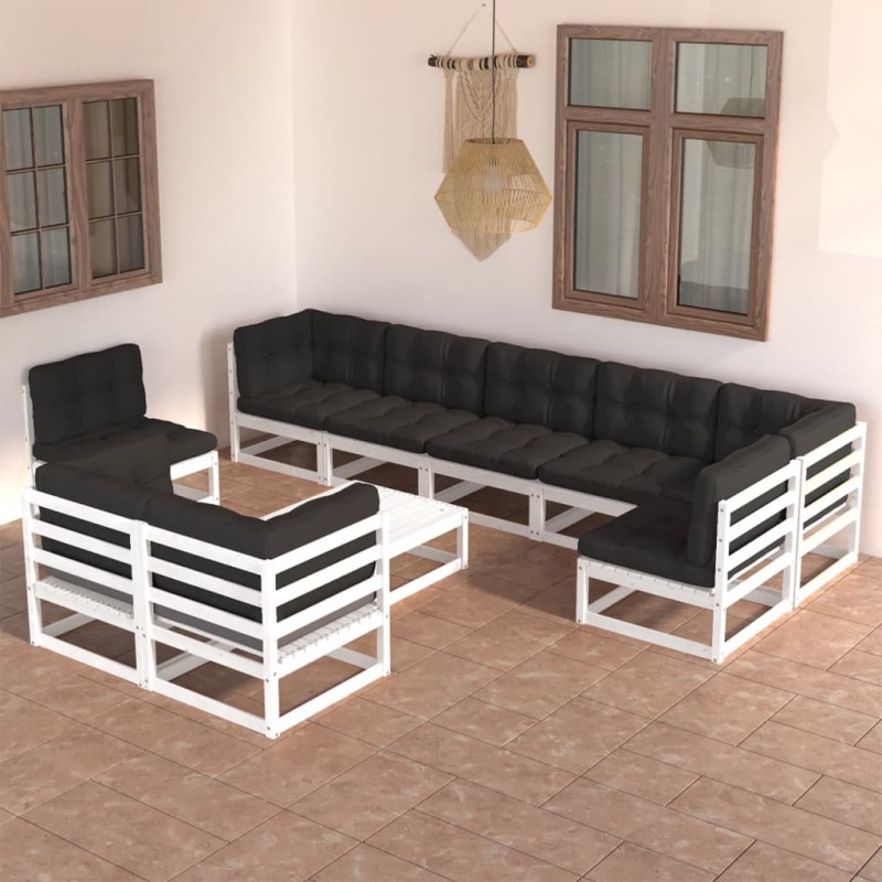 vidaXL Juego de muebles de jardín 10 pzas y cojines madera maciza pino vidaXL Juego de muebles de jardín 10 pzas y cojines madera maciza pino