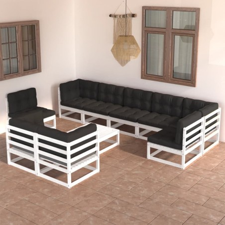 vidaXL Juego de muebles de jardín 10 pzas y cojines madera maciza pino