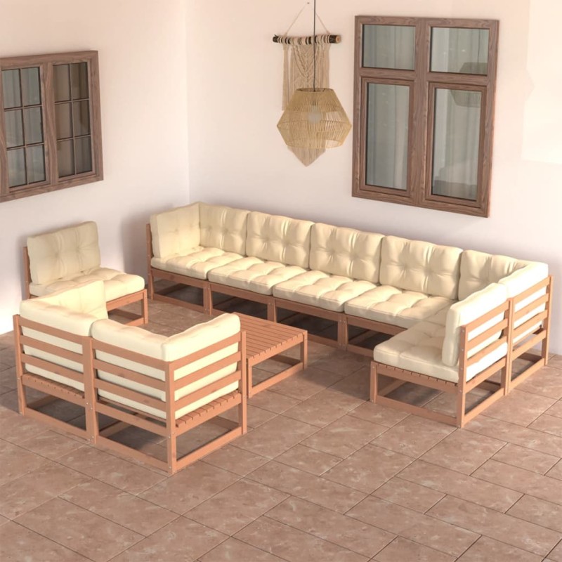 vidaXL Juego de muebles de jardín 10 pzas y cojines madera maciza pino vidaXL Juego de muebles de jardín 10 pzas y cojines madera maciza pino