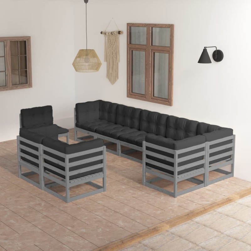 vidaXL Juego de muebles de jardín 9 pzas y cojines madera maciza pino