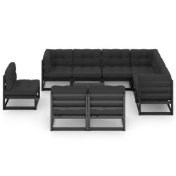 vidaXL Set de muebles de jardín 10 pzas con cojines madera pino negro