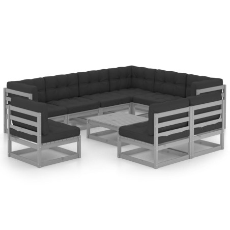 vidaXL Set de muebles de jardín 10 pzas con cojines madera pino gris