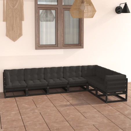 vidaXL Set de muebles de jardín 7 pzas con cojines madera pino negro