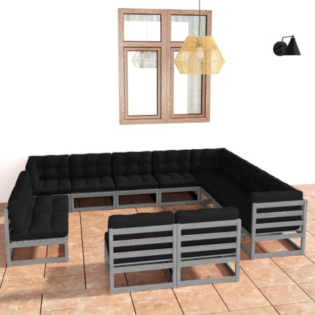 vidaXL Set de muebles de jardín 12 pzas con cojines madera pino gris