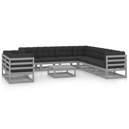 vidaXL Set de muebles de jardín 10 pzas con cojines madera pino gris