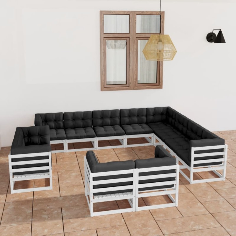 vidaXL Set de muebles de jardín 12 pzas con cojines madera pino blanco vidaXL Set de muebles de jardín 12 pzas con cojines madera pino blanco