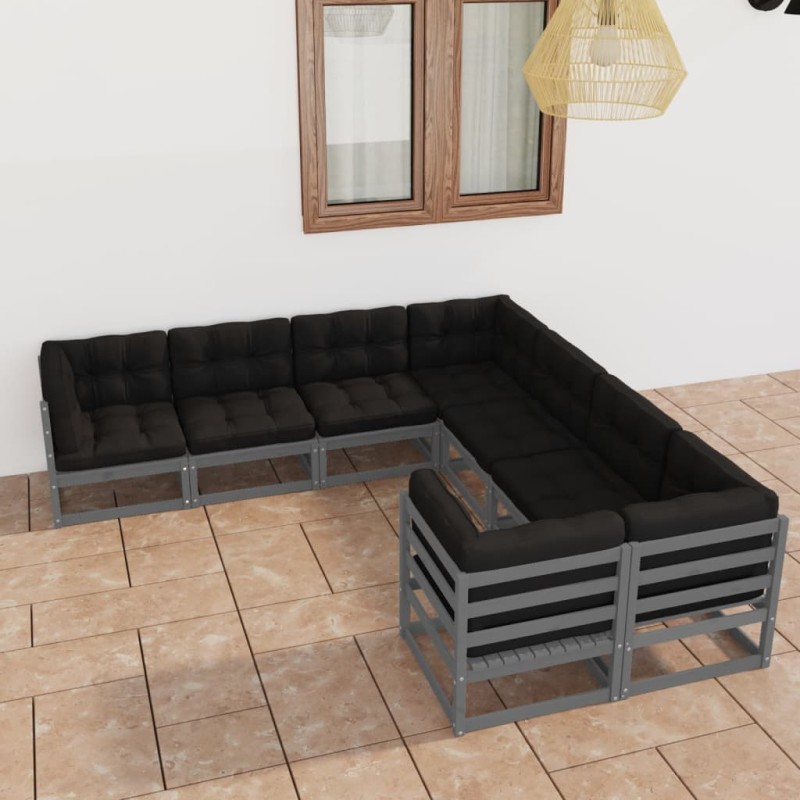 vidaXL Set de muebles de jardín 8 pzas con cojines madera pino gris vidaXL Set de muebles de jardín 8 pzas con cojines madera pino gris