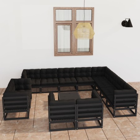 vidaXL Set de muebles de jardín 13 pzas con cojines madera pino negro