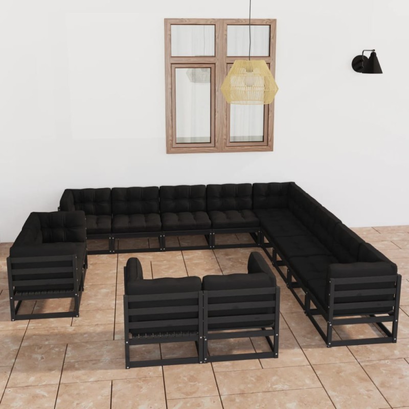 vidaXL Set de muebles de jardín 13 pzas con cojines madera pino negro vidaXL Set de muebles de jardín 13 pzas con cojines madera pino negro