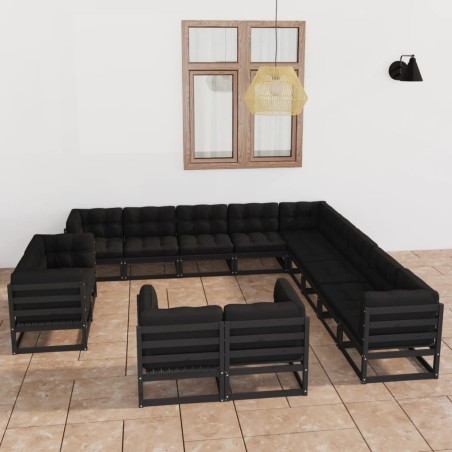 vidaXL Set de muebles de jardín 13 pzas con cojines madera pino negro