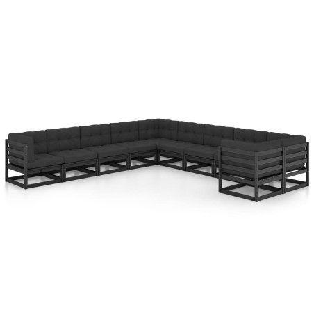vidaXL Set de muebles de jardín 10 pzas con cojines madera pino negro