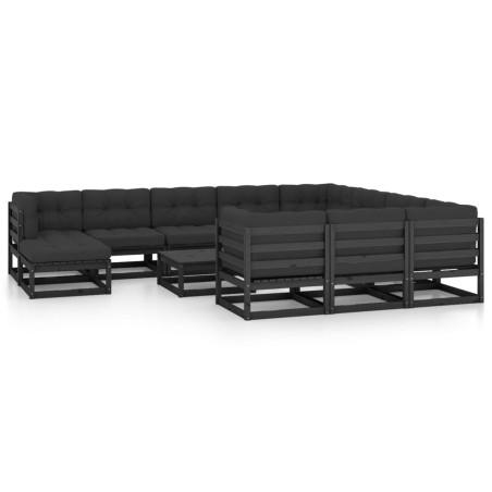 vidaXL Set de muebles de jardín 12 pzas con cojines madera pino negro