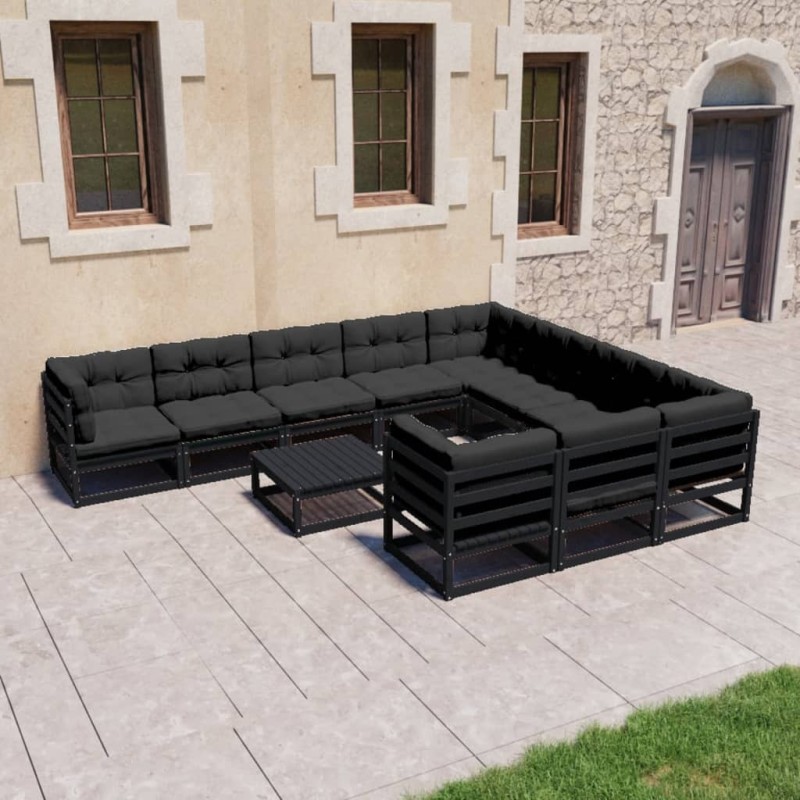 vidaXL Set de muebles de jardín 11 pzas con cojines madera pino negro vidaXL Set de muebles de jardín 11 pzas con cojines madera pino negro