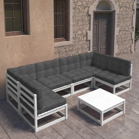 vidaXL Set muebles jardín 7 pzas con cojines madera maciza pino blanco