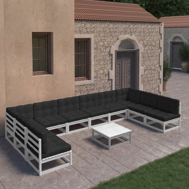 vidaXL Set de muebles de jardín 11 pzas con cojines madera pino blanco vidaXL Set de muebles de jardín 11 pzas con cojines madera pino blanco