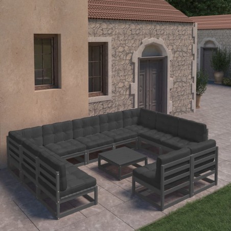 vidaXL Set de muebles de jardín 12 pzas con cojines madera pino negro