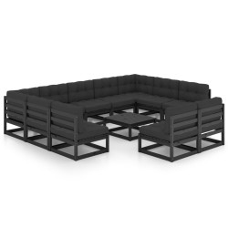vidaXL Set de muebles de jardín 12 pzas con cojines madera pino negro