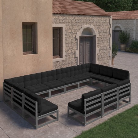 vidaXL Set de muebles de jardín 13 pzas con cojines madera pino gris