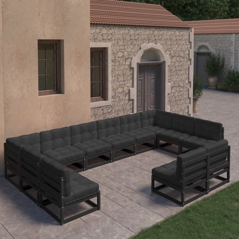 vidaXL Set de muebles de jardín 12 pzas con cojines madera pino negro vidaXL Set de muebles de jardín 12 pzas con cojines madera pino negro