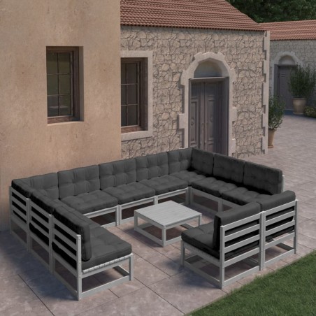 vidaXL Set de muebles de jardín 12 pzas con cojines madera pino gris
