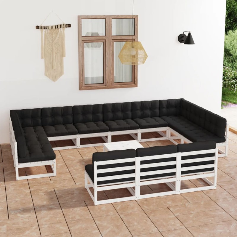 vidaXL Set de muebles de jardín 14 pzas con cojines madera pino blanco vidaXL Set de muebles de jardín 14 pzas con cojines madera pino blanco