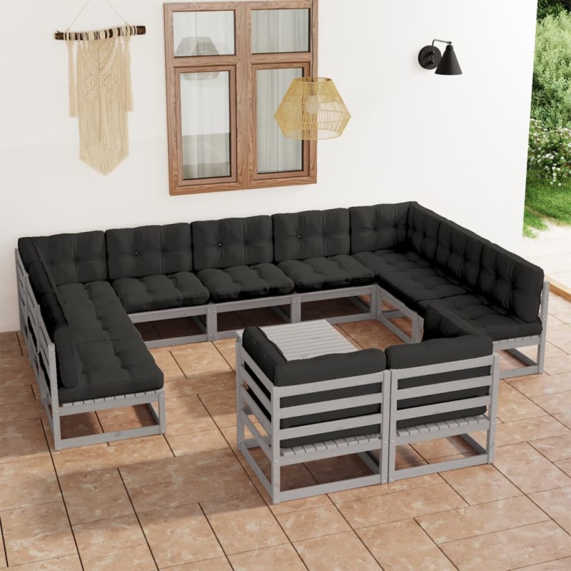 vidaXL Set de muebles de jardín 12 pzas con cojines madera pino gris vidaXL Set de muebles de jardín 12 pzas con cojines madera pino gris
