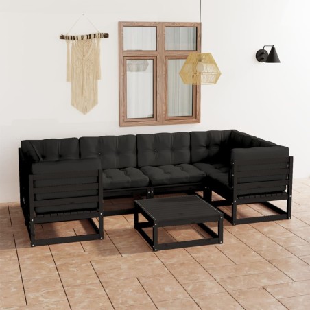 vidaXL Set de muebles de jardín 7 pzas con cojines madera pino negro