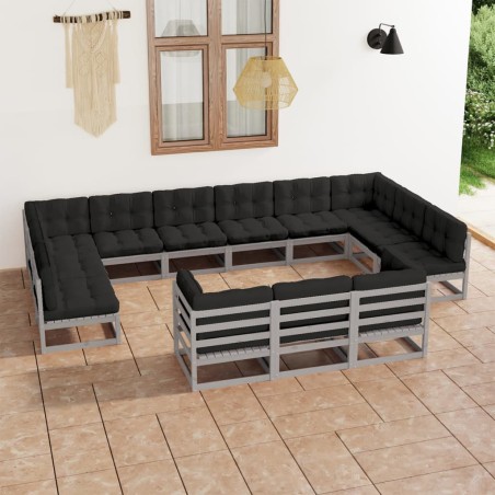 vidaXL Set de muebles de jardín 13 pzas con cojines madera pino gris