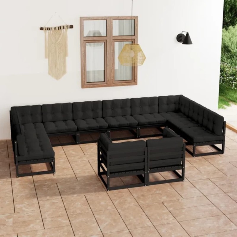 vidaXL Set de muebles de jardín 12 pzas con cojines madera pino negro vidaXL Set de muebles de jardín 12 pzas con cojines madera pino negro